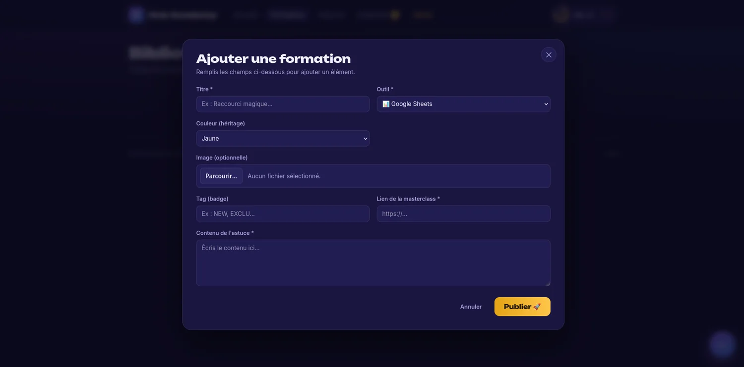 Formulaire « Ajouter une formation » de l'éditeur intégré