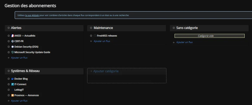 Gestion des abonnements de FreshRSS : dossiers Alertes, Maintenance et Systèmes & Réseau avec leurs flux