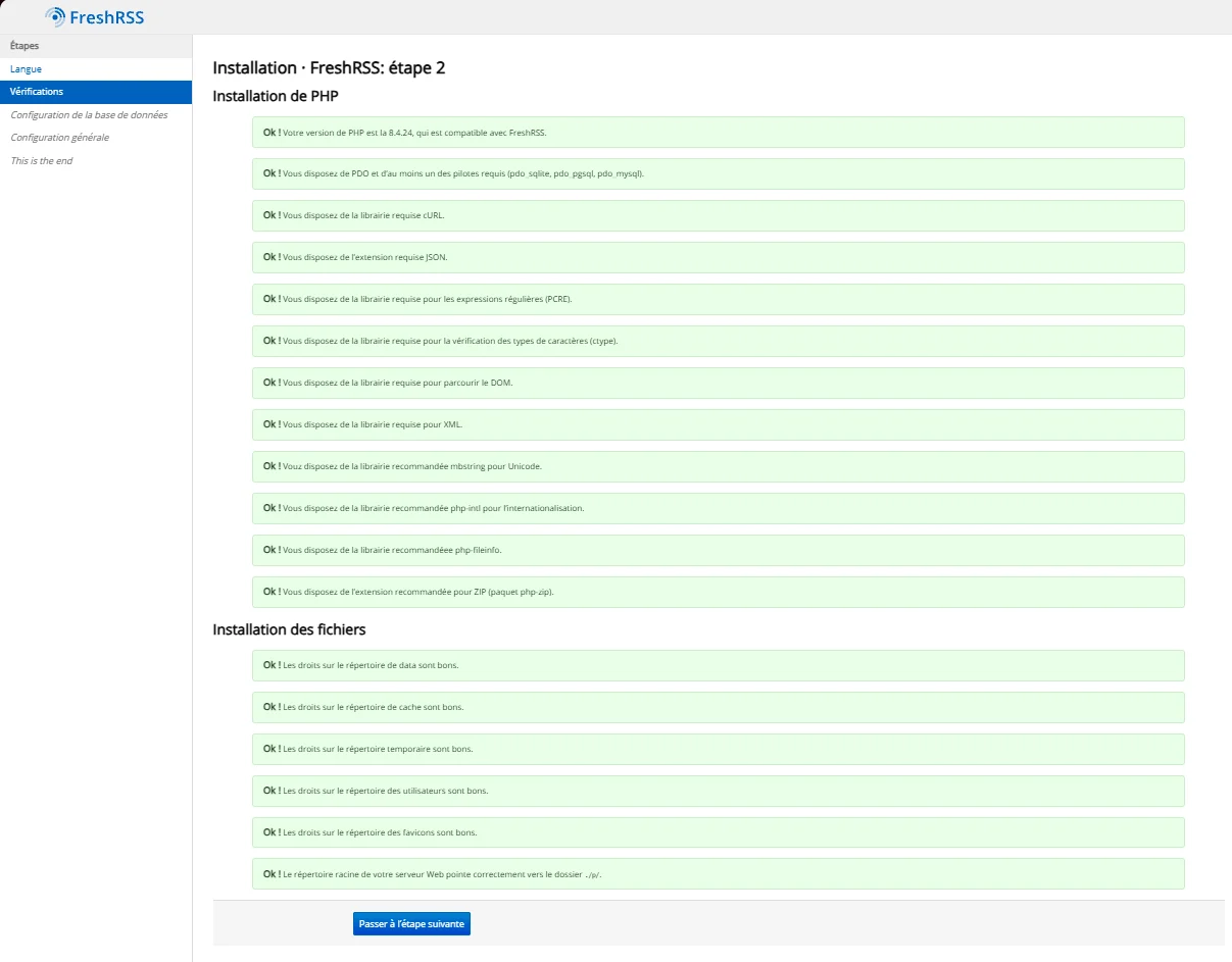 Assistant d'installation de FreshRSS : toutes les vérifications PHP et de droits sur les fichiers sont au vert