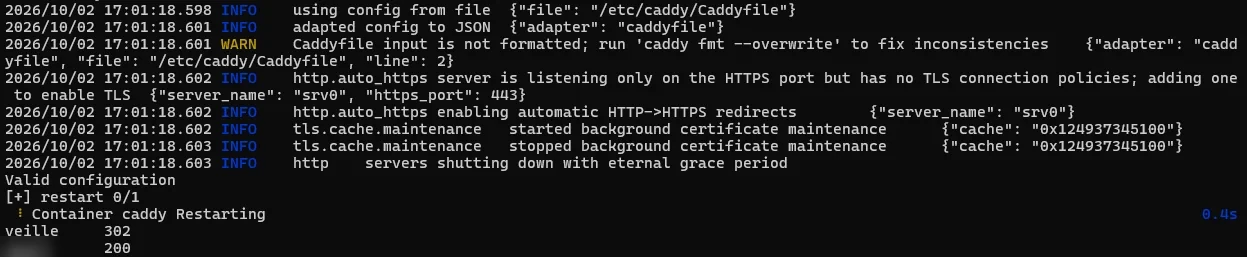 Terminal : validation de la configuration Caddy puis codes HTTP 302 et 200