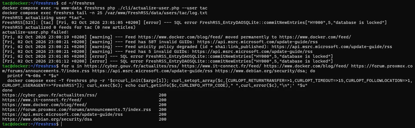 Terminal : journal FreshRSS avec l'erreur database is locked, puis test de chaque flux depuis le conteneur, tous en 200