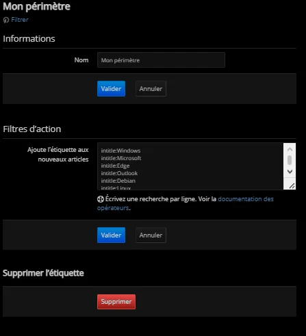 Réglage de l'étiquette Mon périmètre : une règle par ligne, intitle:Windows, intitle:Microsoft…